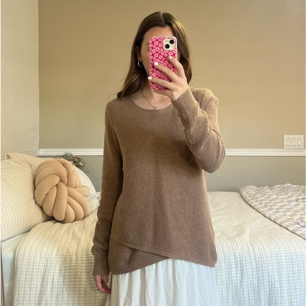 Madewell Brown Crossover Waffle Knit Crewneck Woven Sweater Women’s Size Medium - Picture 3 of 11